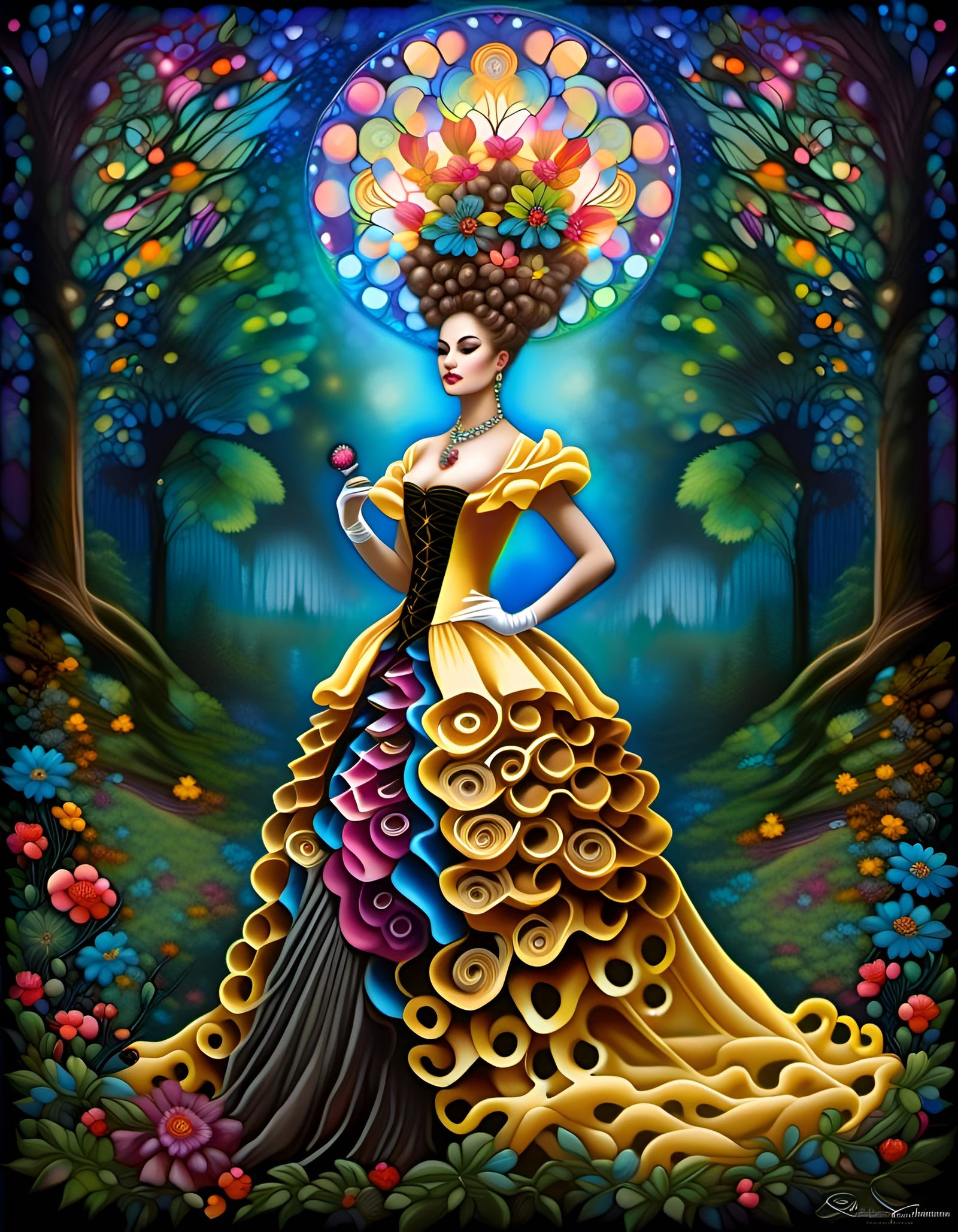 Victorian woman wearing a dress like marie antoinette wore, chibi, neo-classical, a acid pixie image, a long exposure im...