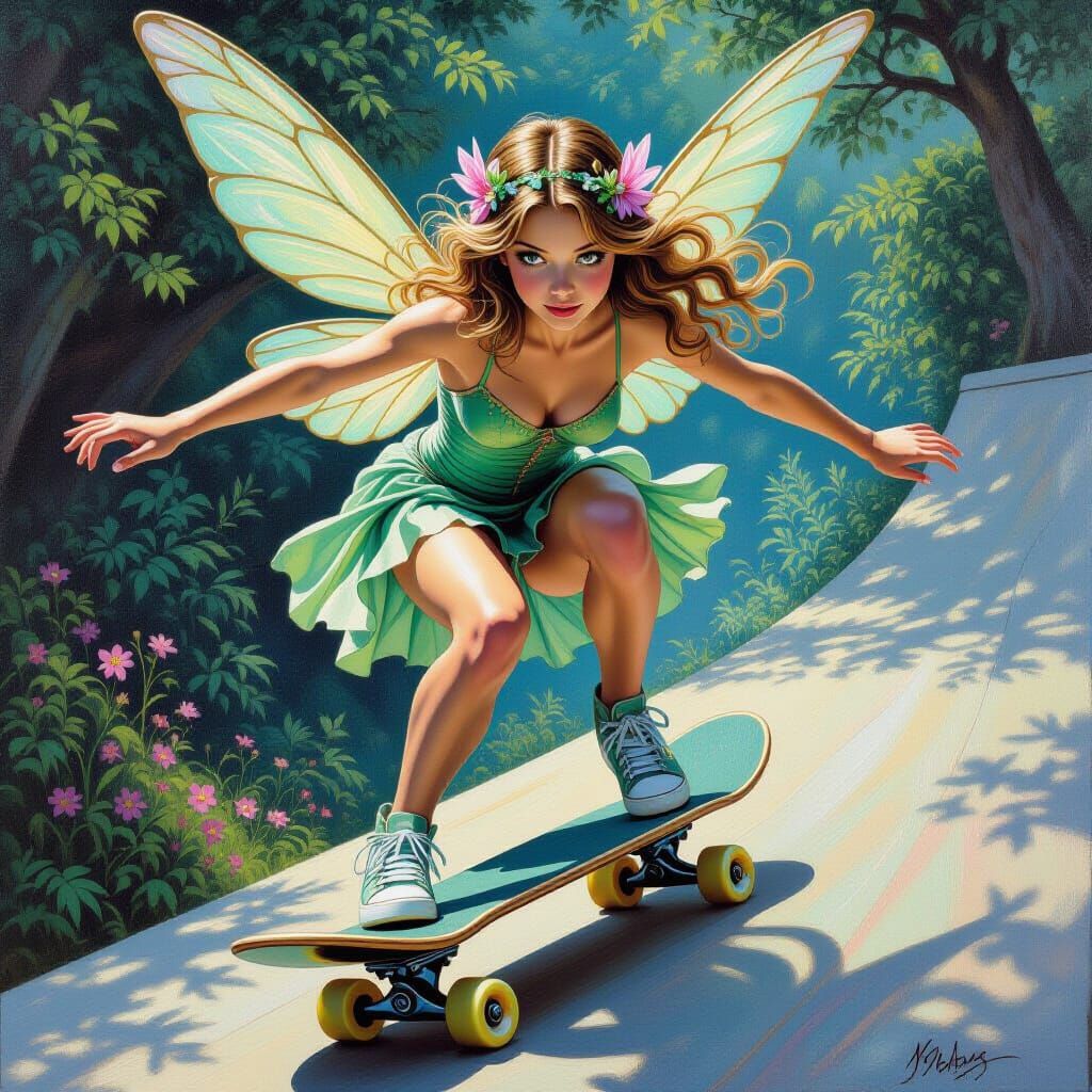 Fairy Pops a Wheelie on Skateboard: Fantasy Oil Painting