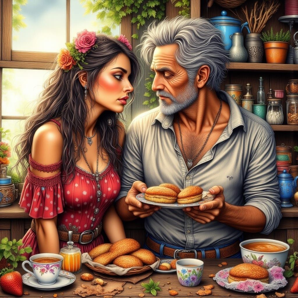 Whimsical Kitchen Scene with Playful Annoyance