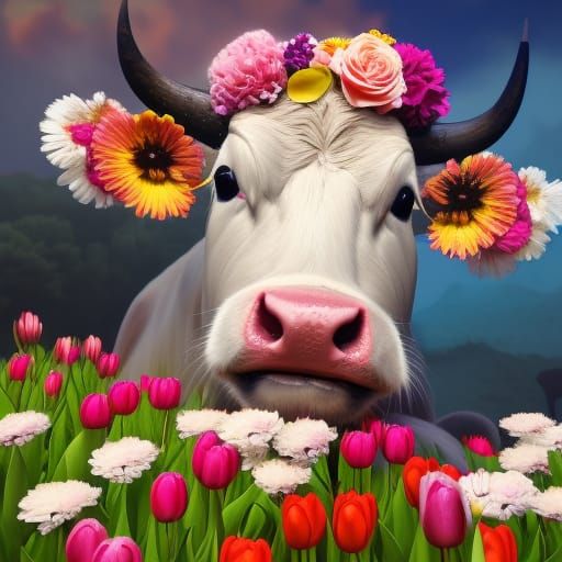 Cute Cow with Floral Crown, Detailed Digital Painting
