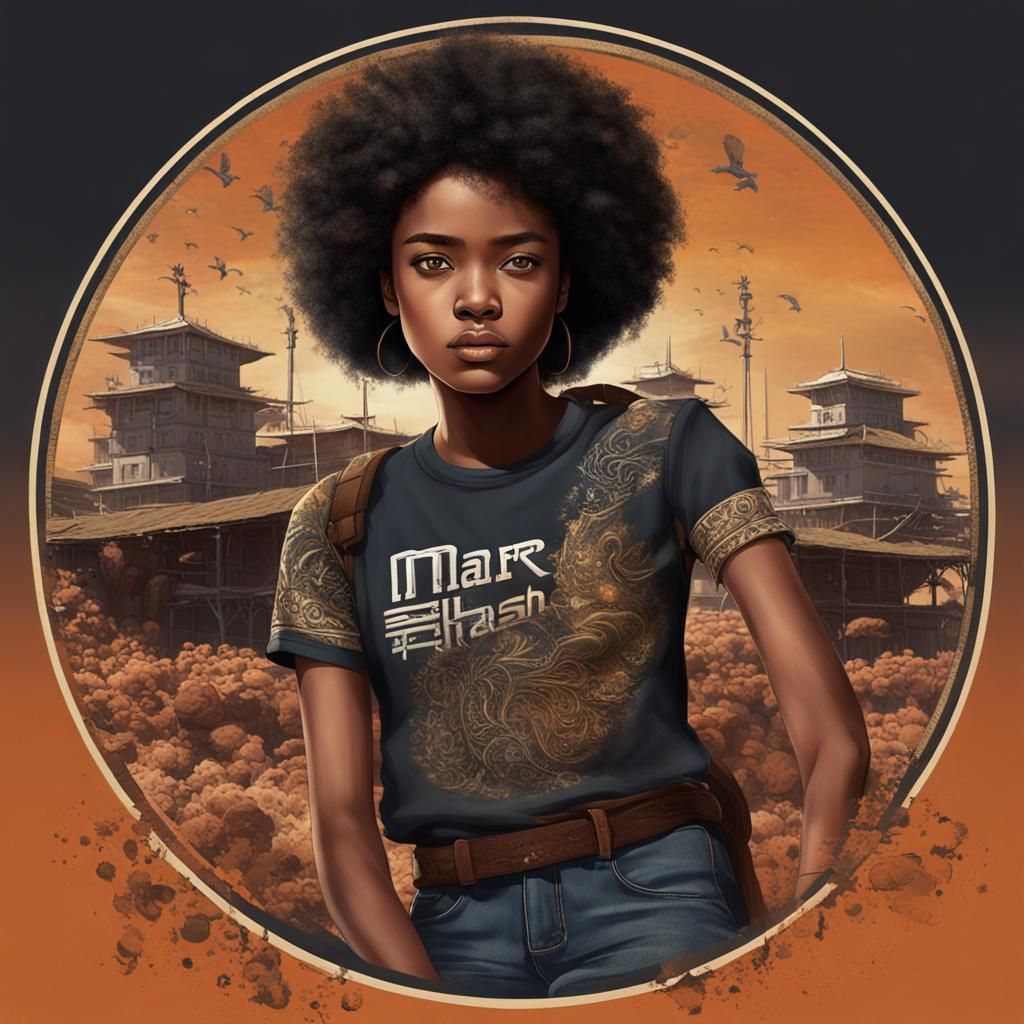 Confident Woman in 'Mar Sha' T-Shirt: Fantasy Art