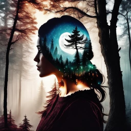 Double Exposure Silhouette Art of Girl, Moon, Forest