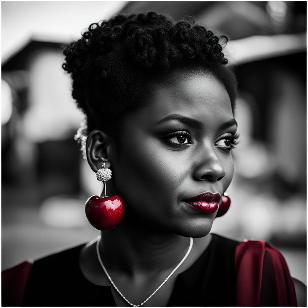 Striking Portrait with Cherry Earrings in Black and White