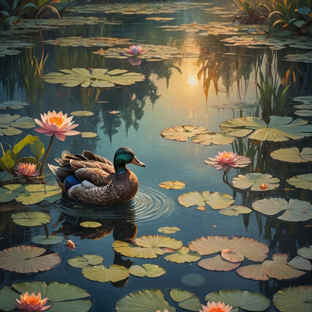 Restless Duck Pacing by Mystical Pond, Oil Painting
