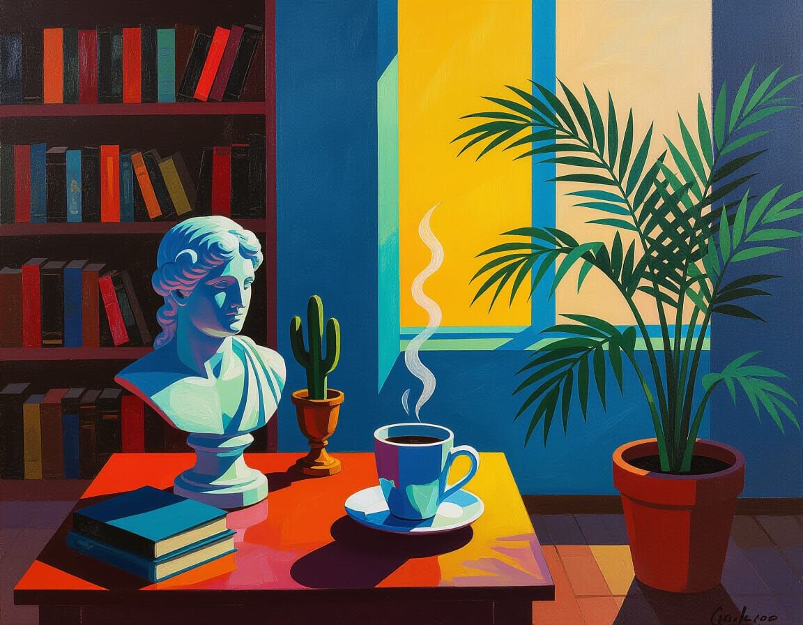 Abstract Expressionist Interior with Neon, Bookshelves, and ...