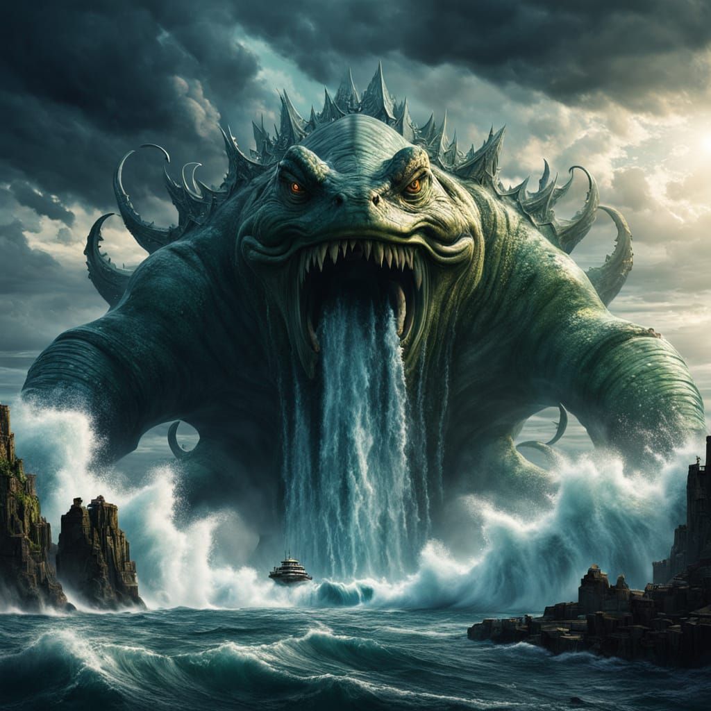 Godlike Amphibian Rises from the Ocean in a Majestic, Cyberp...