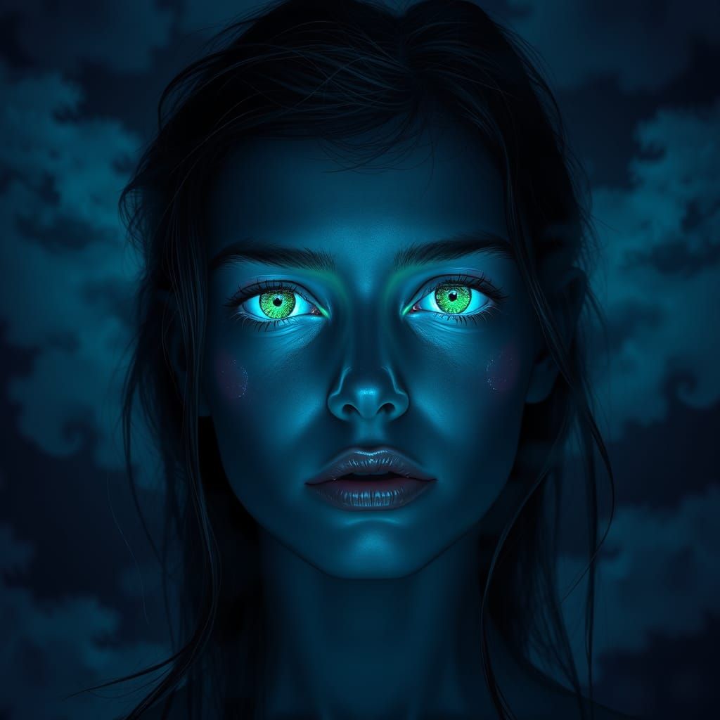 Ethereal Woman with Fluorescent Eyes in Digital Portrait