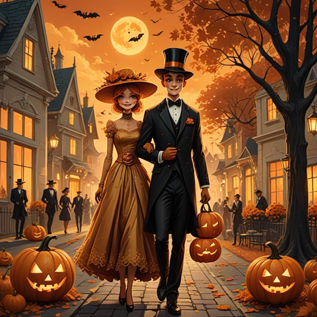 Whimsical Halloween Couple in Autumnal Concept Art