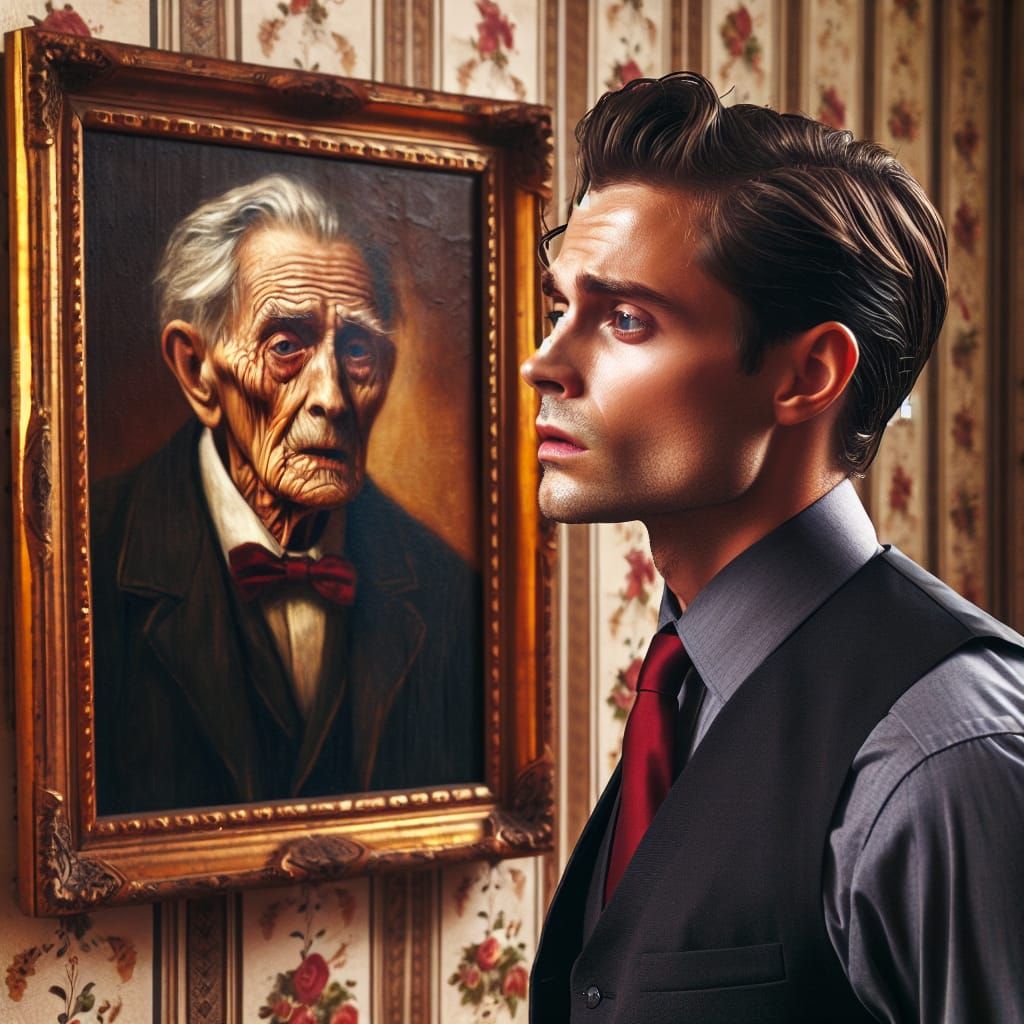 Youthful Man Contemplates Aged Portrait in Edwardian Room