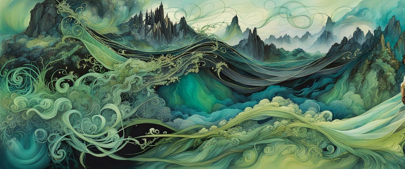 Art Nouveau Tangled Beauty in Lime Green and Teal