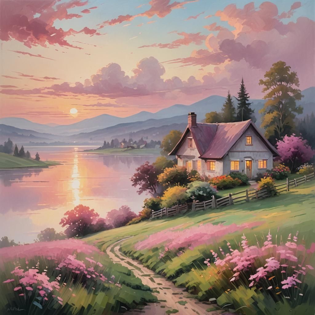 Pink Sunrise Landscape Oil Painting
