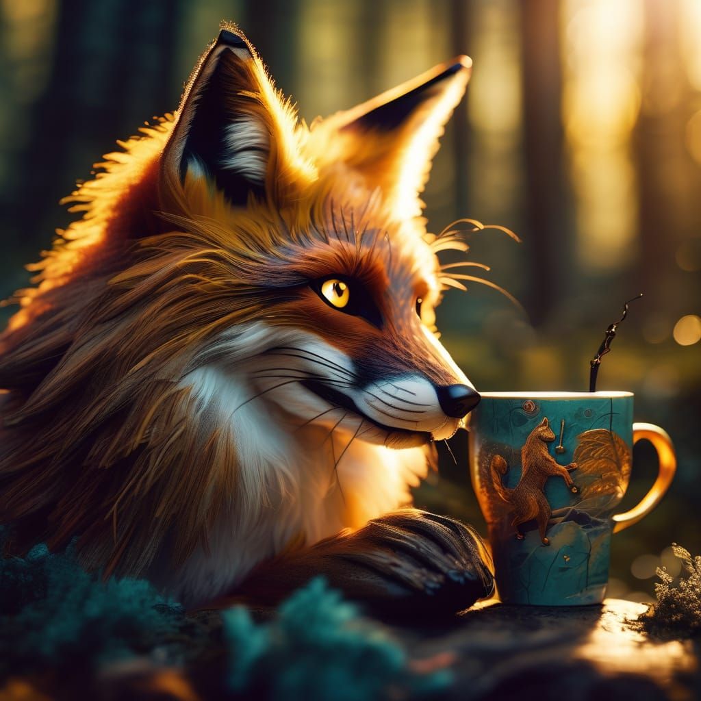 Mystical Fox-Cat Hybrid Sipping Coffee in Forest
