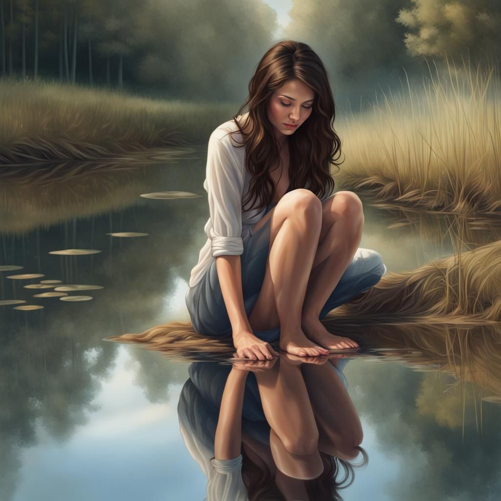 Sad Woman's Happy Reflection by a Pond