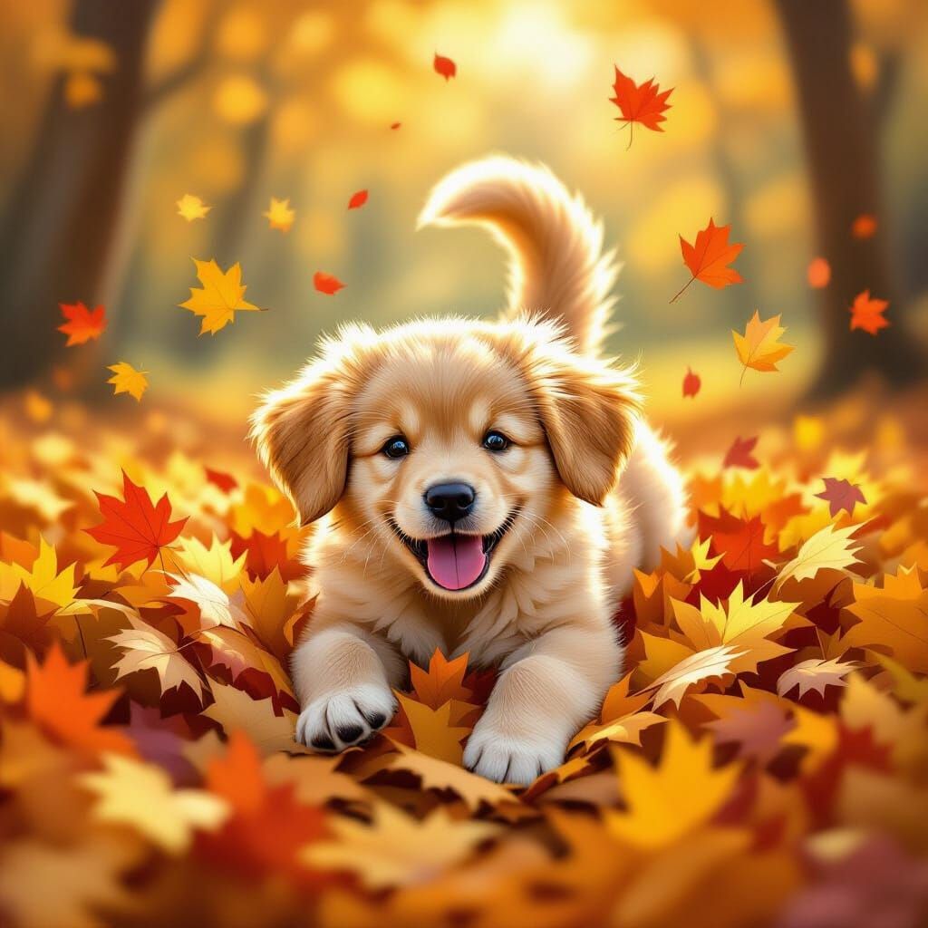 Golden Retriever Puppy Plays in Autumn Leaves