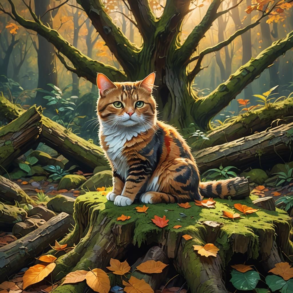 Leaf Cat on Mossy Stump: Fantasy Concept Art