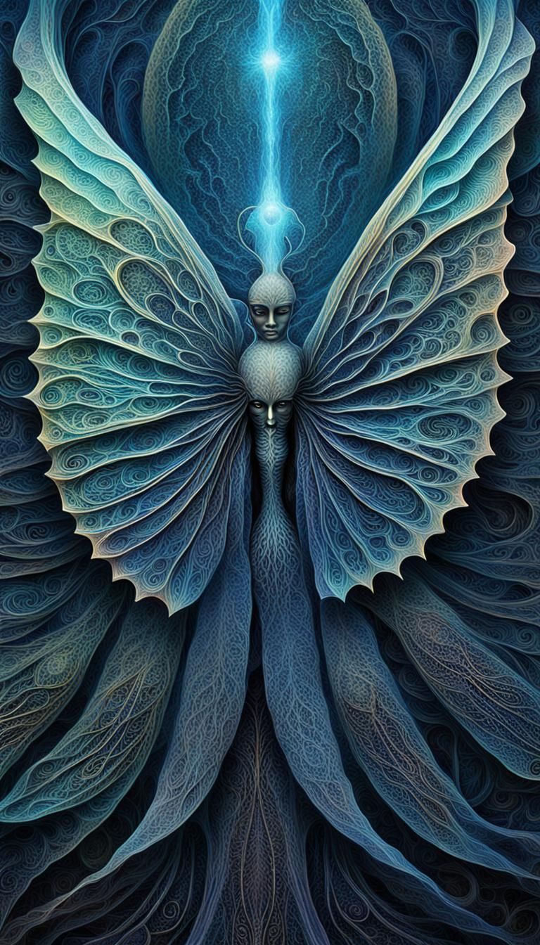 Ethereal Being with Luminous Wings in Dark Surrealism