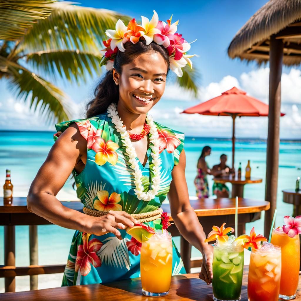 Polynesian Bartender Mixes Drinks on Sunny Beach