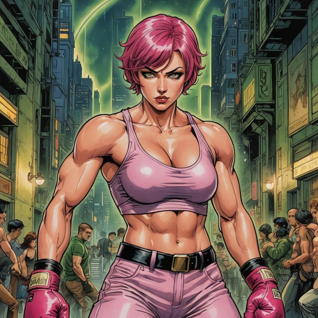 Muscular Boxing Woman with Pink Hair in Figurative Style