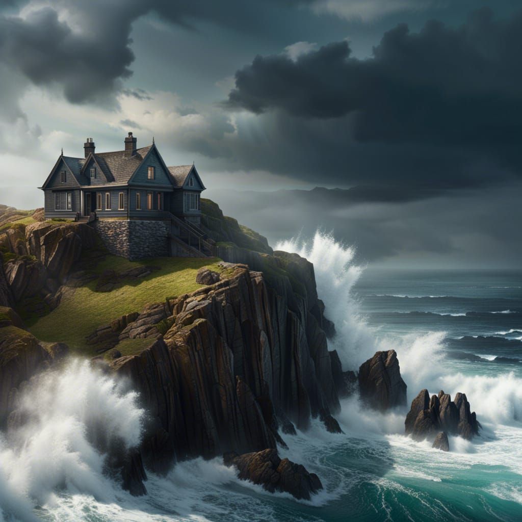 Clifftop house in stormy weather