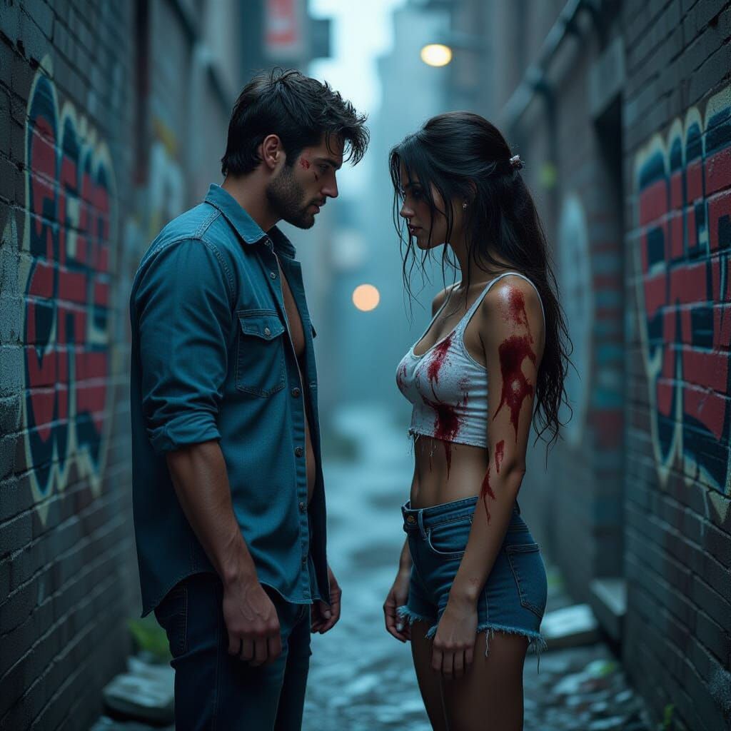 Gritty Dark Fantasy: Wounded Couple in Alleyway