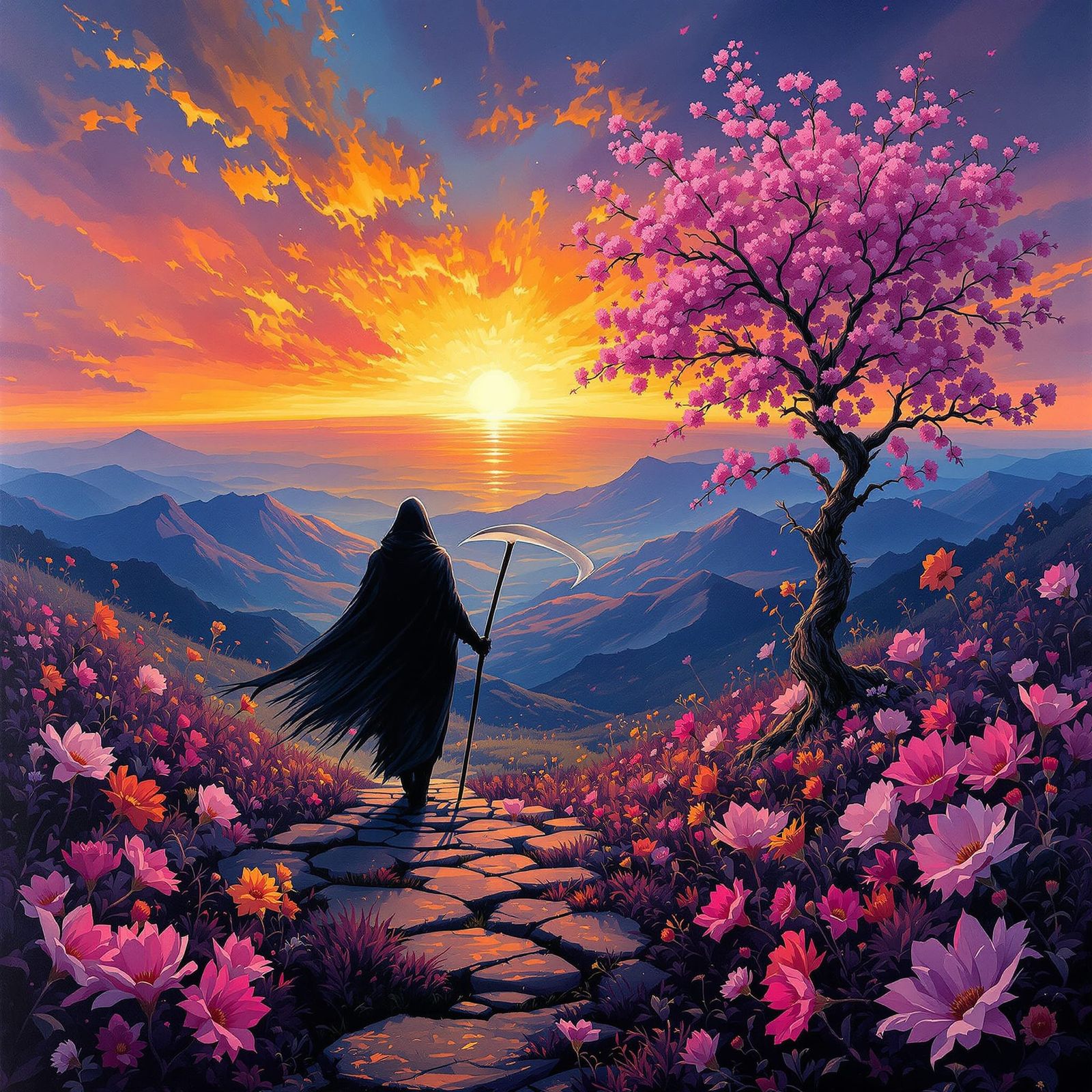 Sunset Landscape with Grim Reaper and Sakura Tree