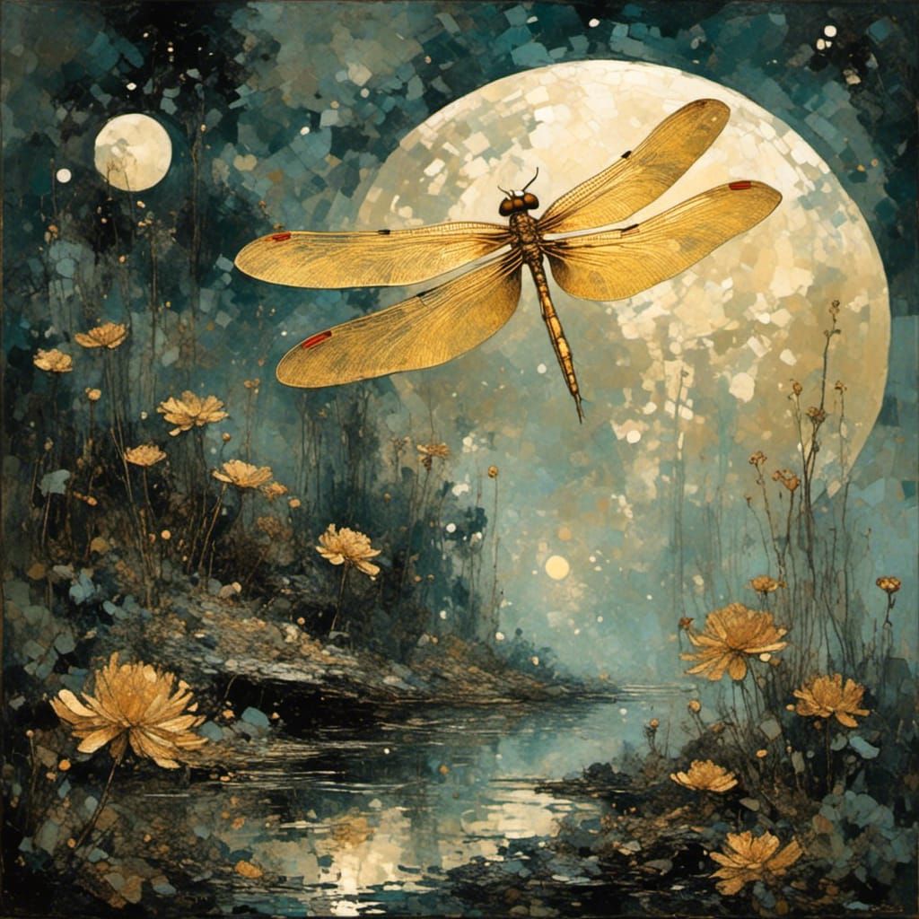 Golden Dragonfly Under Full Moon in Gildpunk Style