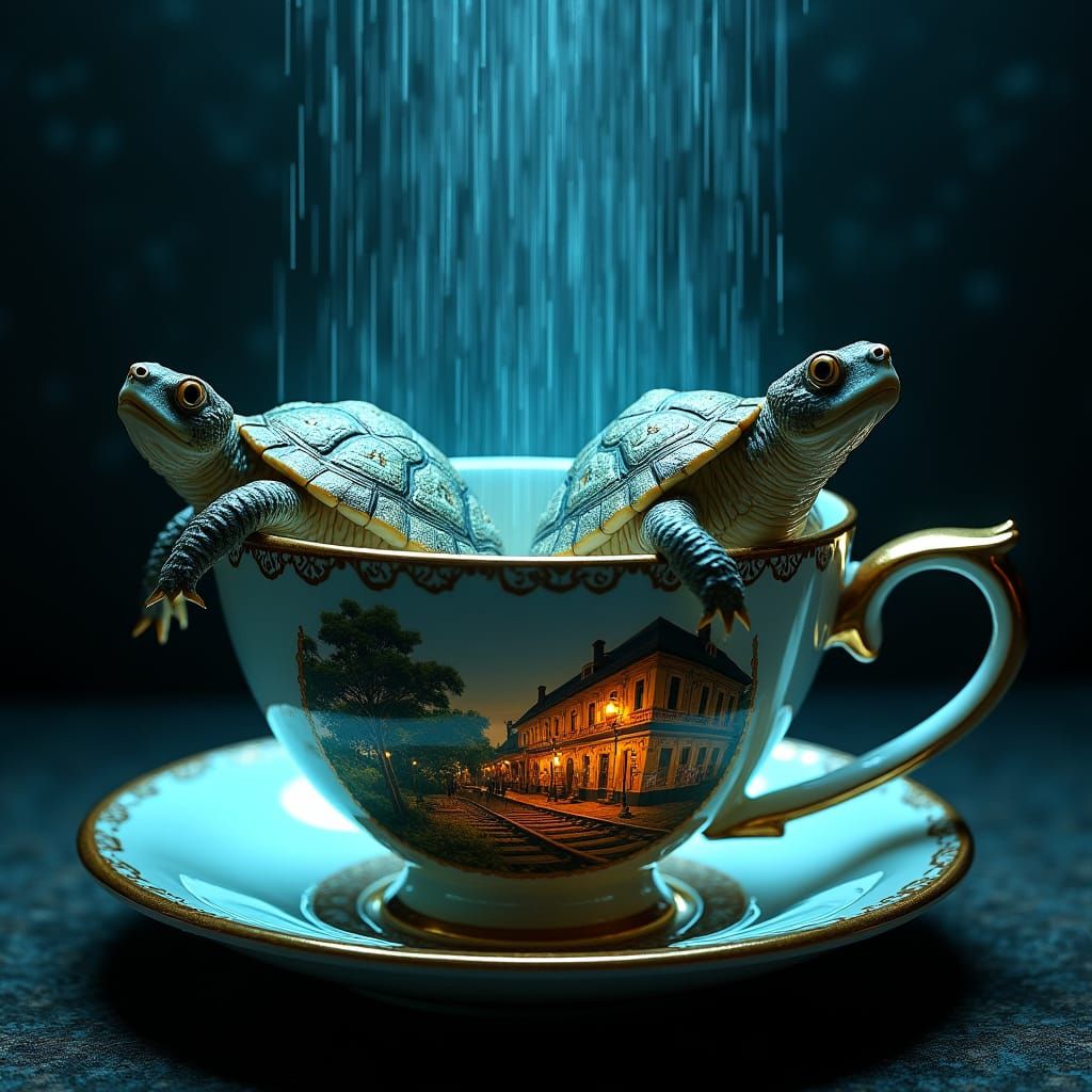 Surreal Terrapins in Bioluminescent Teacup, CGI Art