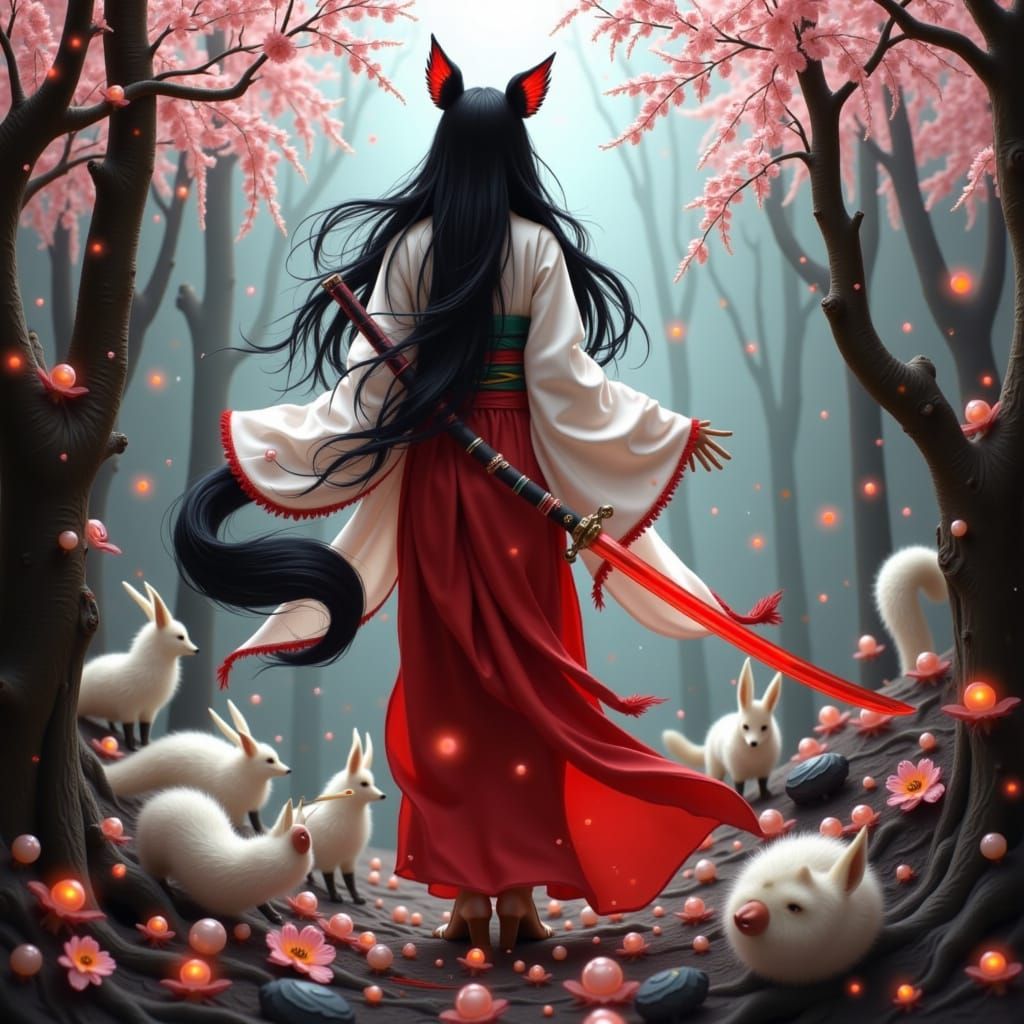 Kitsune in Cherry Blossom Forest, Loish Style