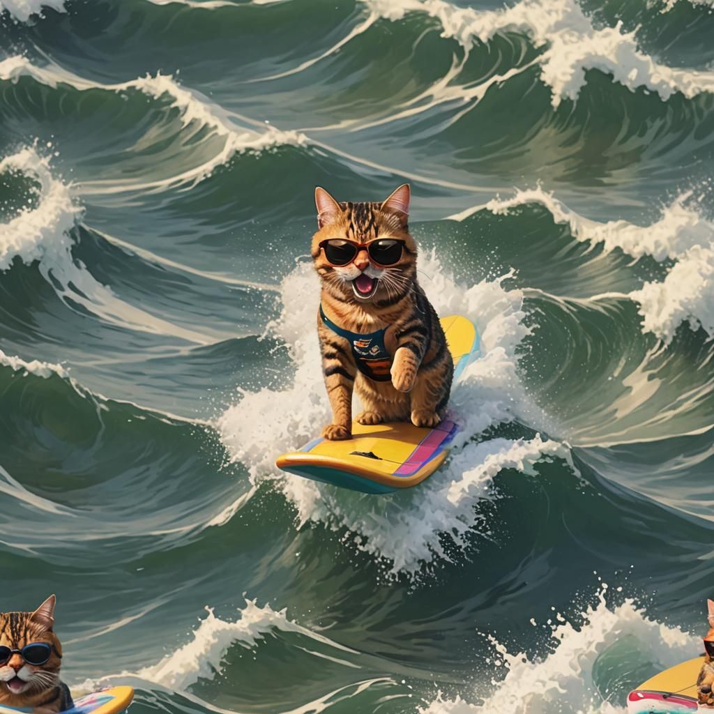 Cat Surfing High Waves in 64-bit Pixel Art
