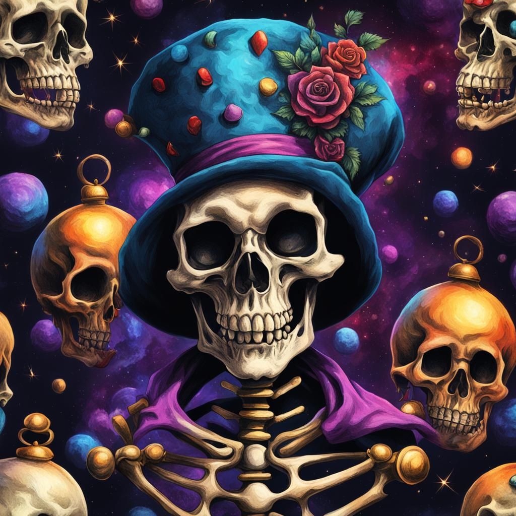 Danse Macabre: Skeleton Jester with Galaxy Background