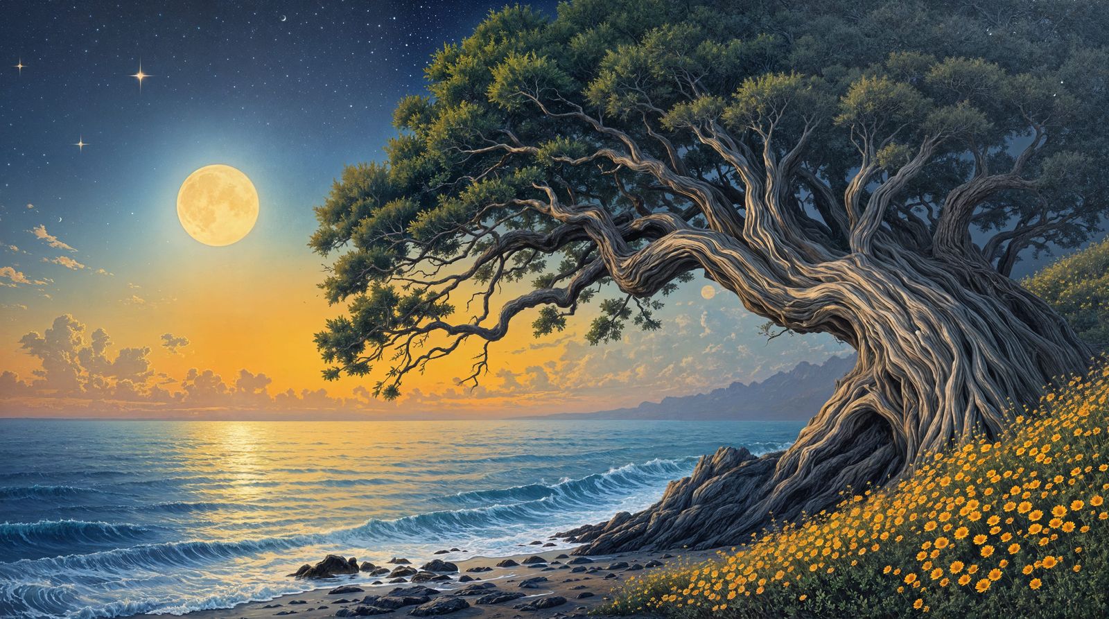 Moonlit Ancient Tree Vigil by the Ocean