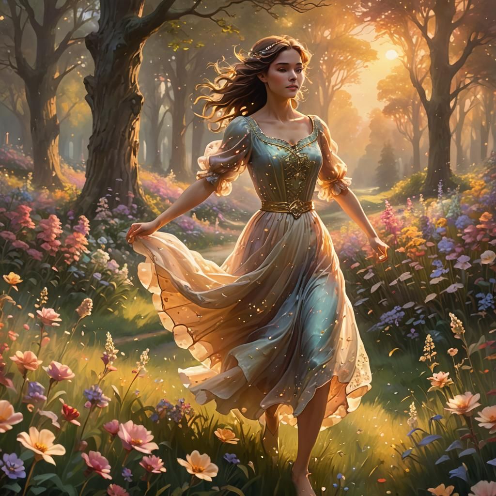 Ethereal Woman in Flower Field: Digital Art
