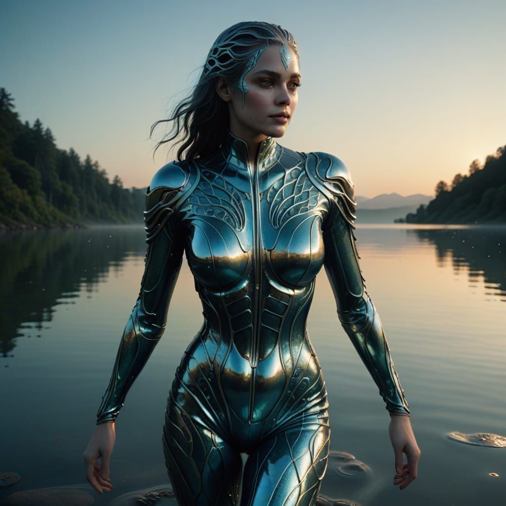 Biomechanical Nymph Emerges from Iridescent Waters