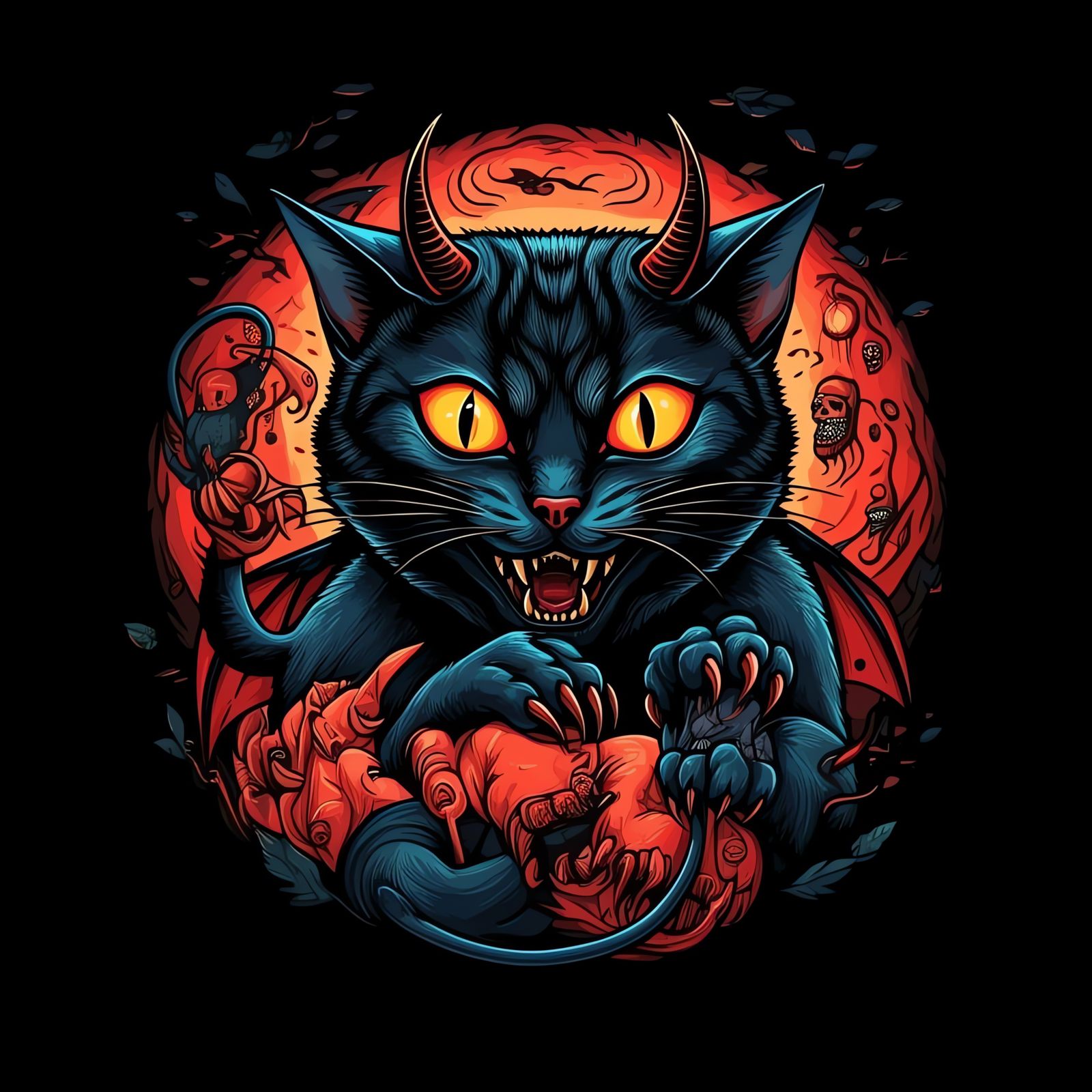 Demonic Cat in Op Art Scene