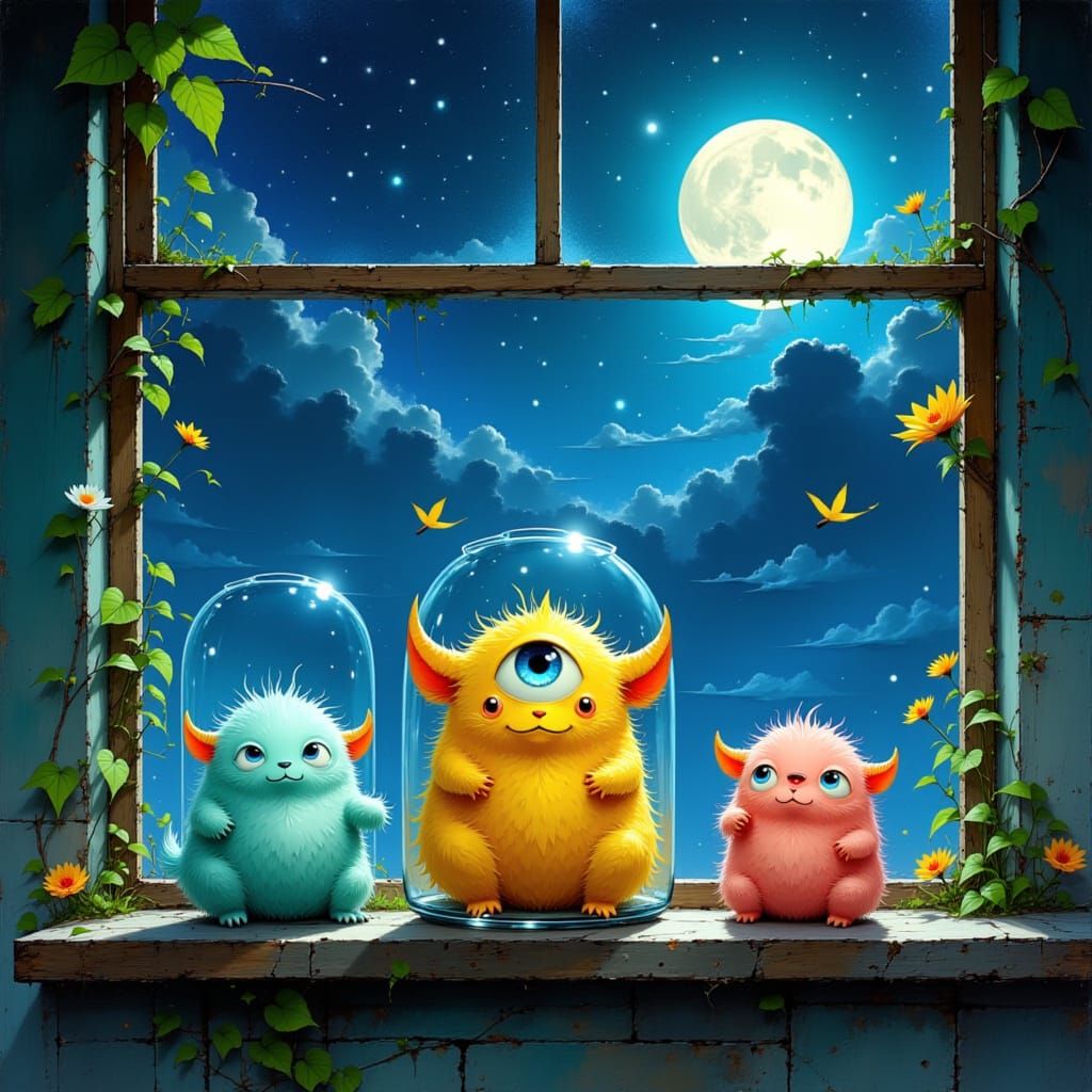 Pastel Monsters in Glass Jars Under Starry Sky