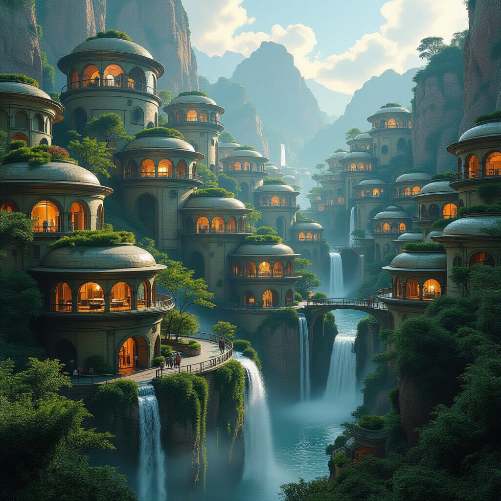 Alien City Metropolis with Terraced Homes & Waterfalls