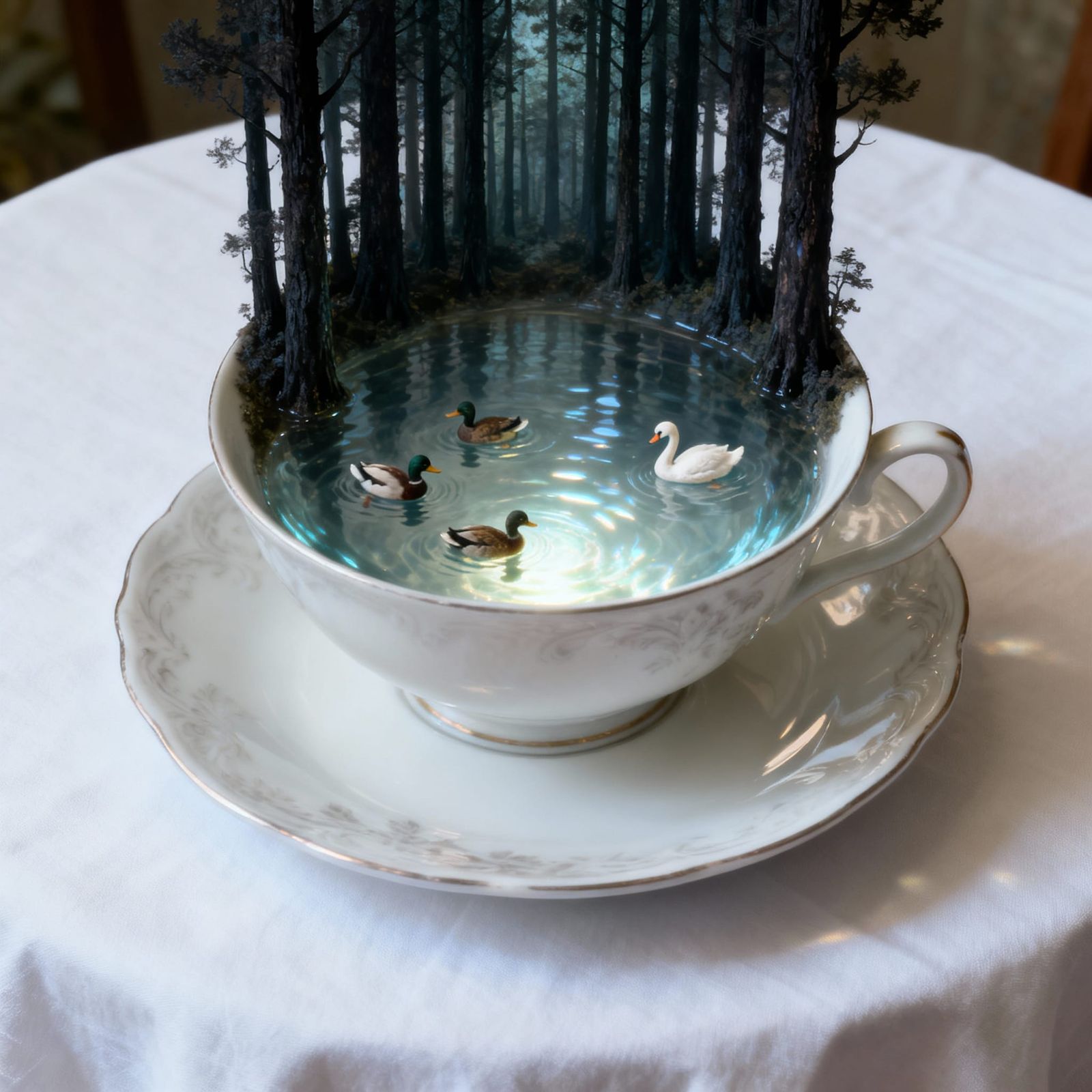 Magical Realism Teacup Scene with Miniature Wildlife