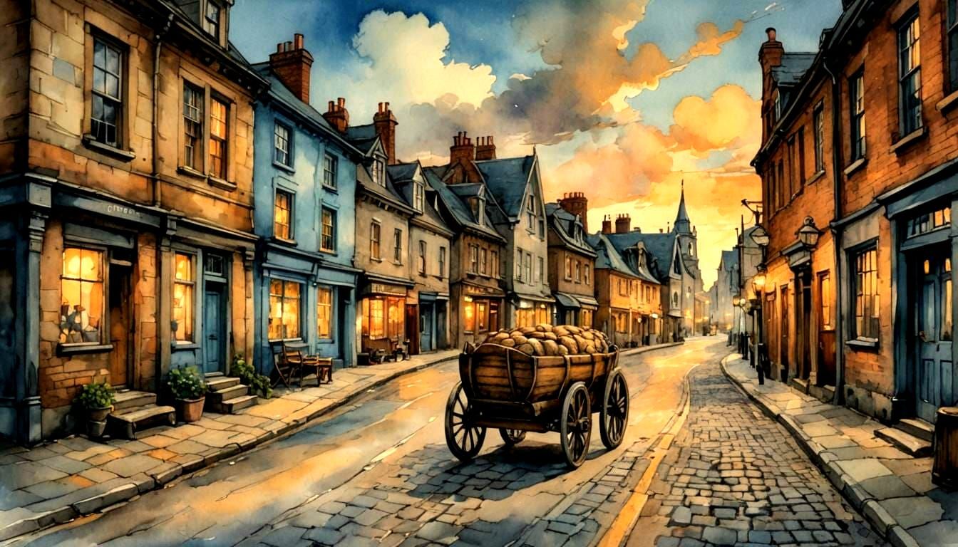 Victorian Cobblestone Street with Cart in Romantic Style