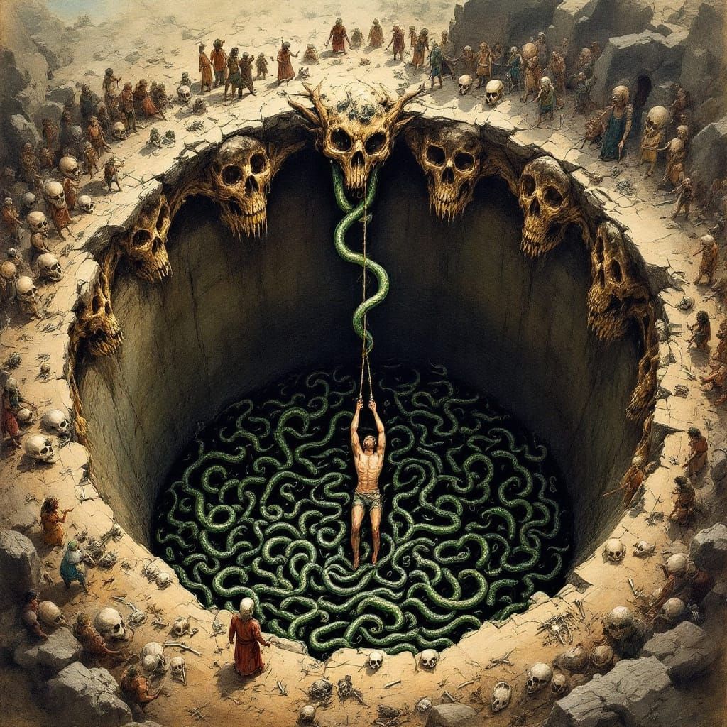 Vintage Watercolor: Man Lowered into Snake Pit