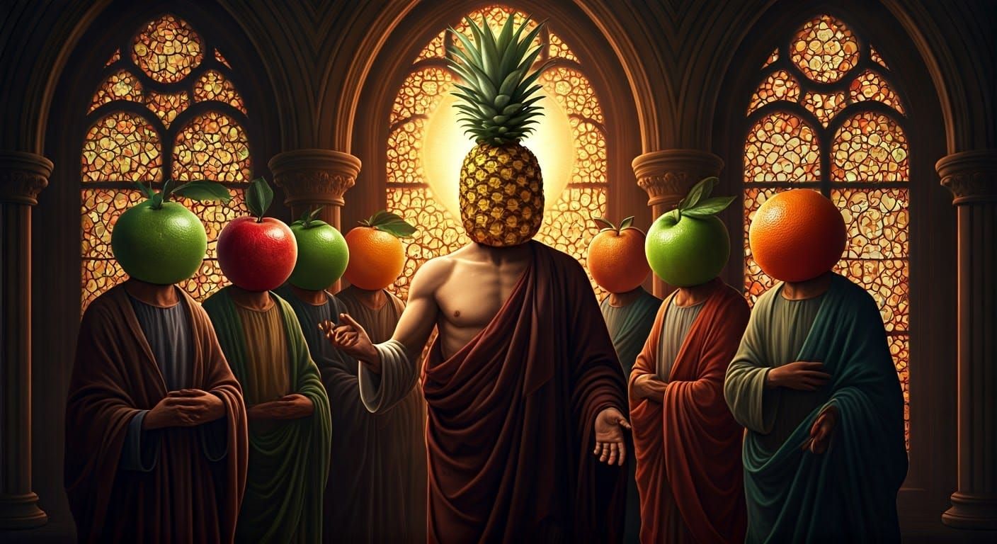 Fruit-Headed Christ in Surreal Stained Glass Landscape