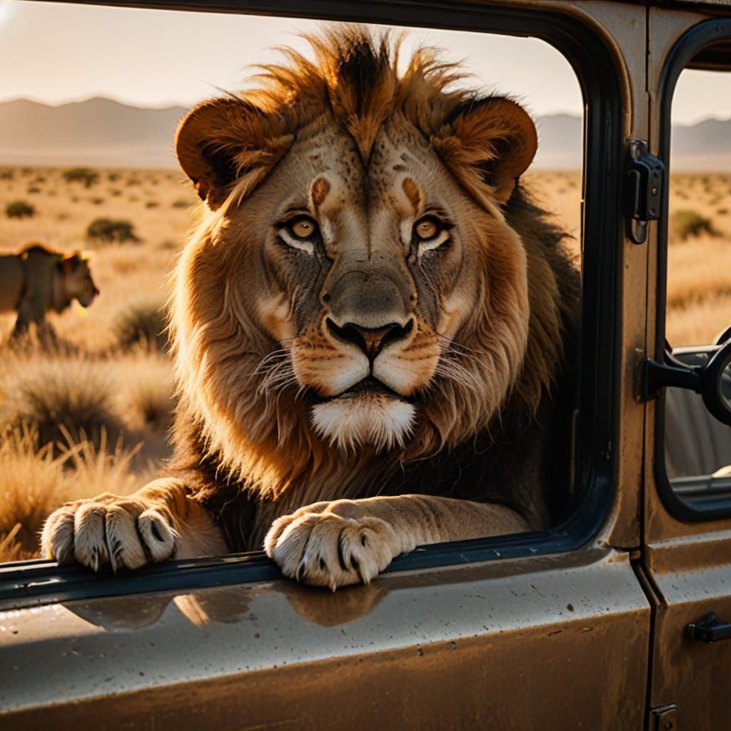Lion Stalks Safari Jeep in African Wilderness