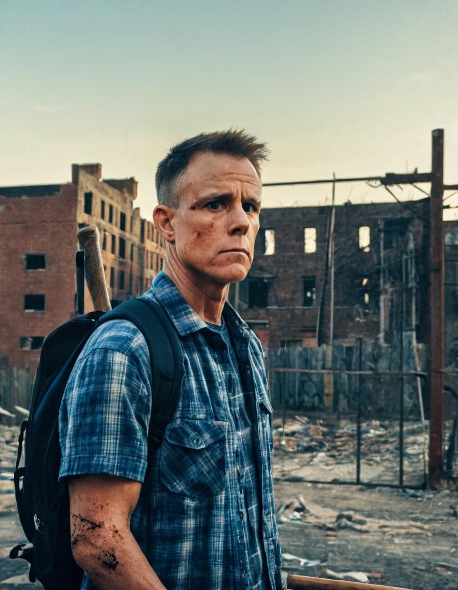 Dystopian Figure with Baseball Bat in Gritty City