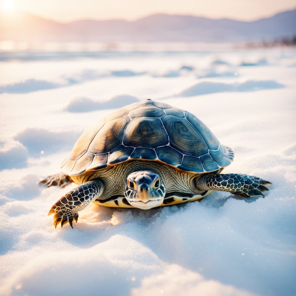 Turtle on Snowy Beach in Watercolor Style