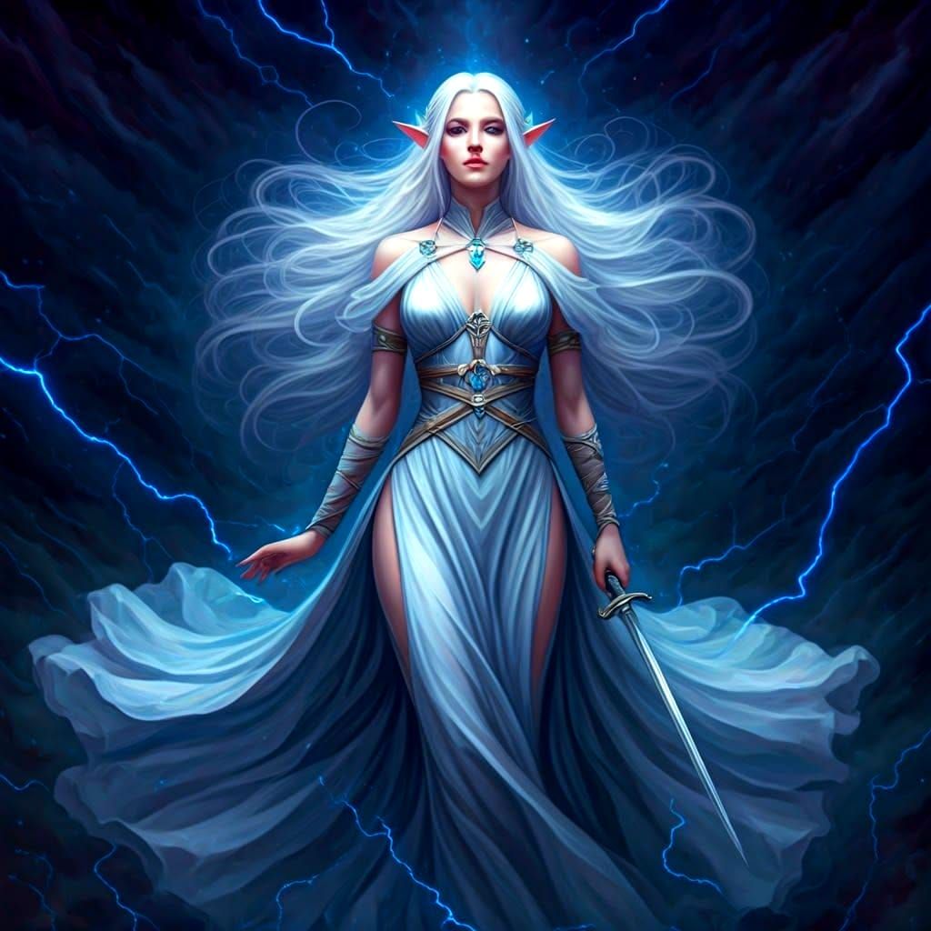 Elf in Lightning Storm, Oil Painting Style