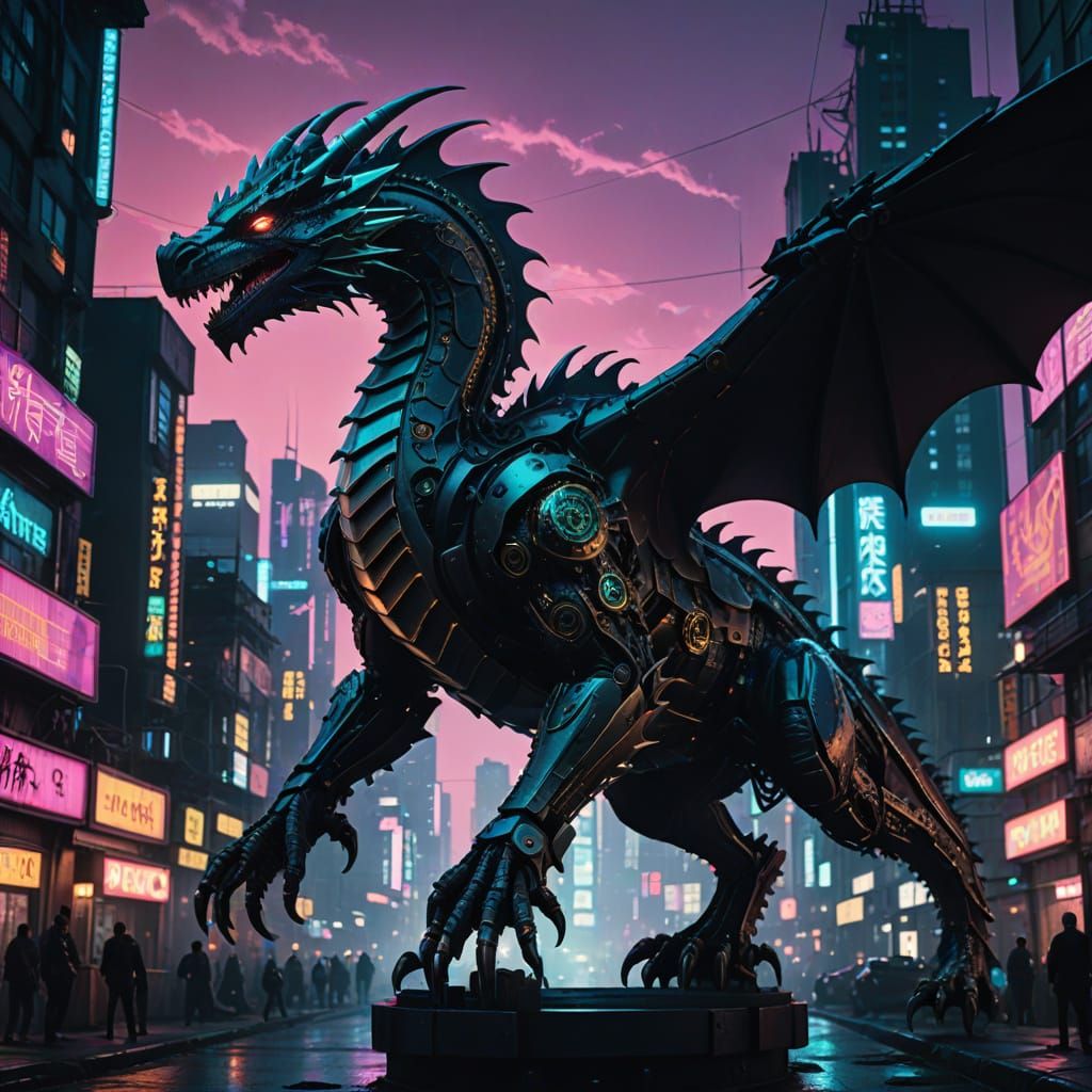 Clockwork Dragon Soaring Through Cyberpunk Cityscape