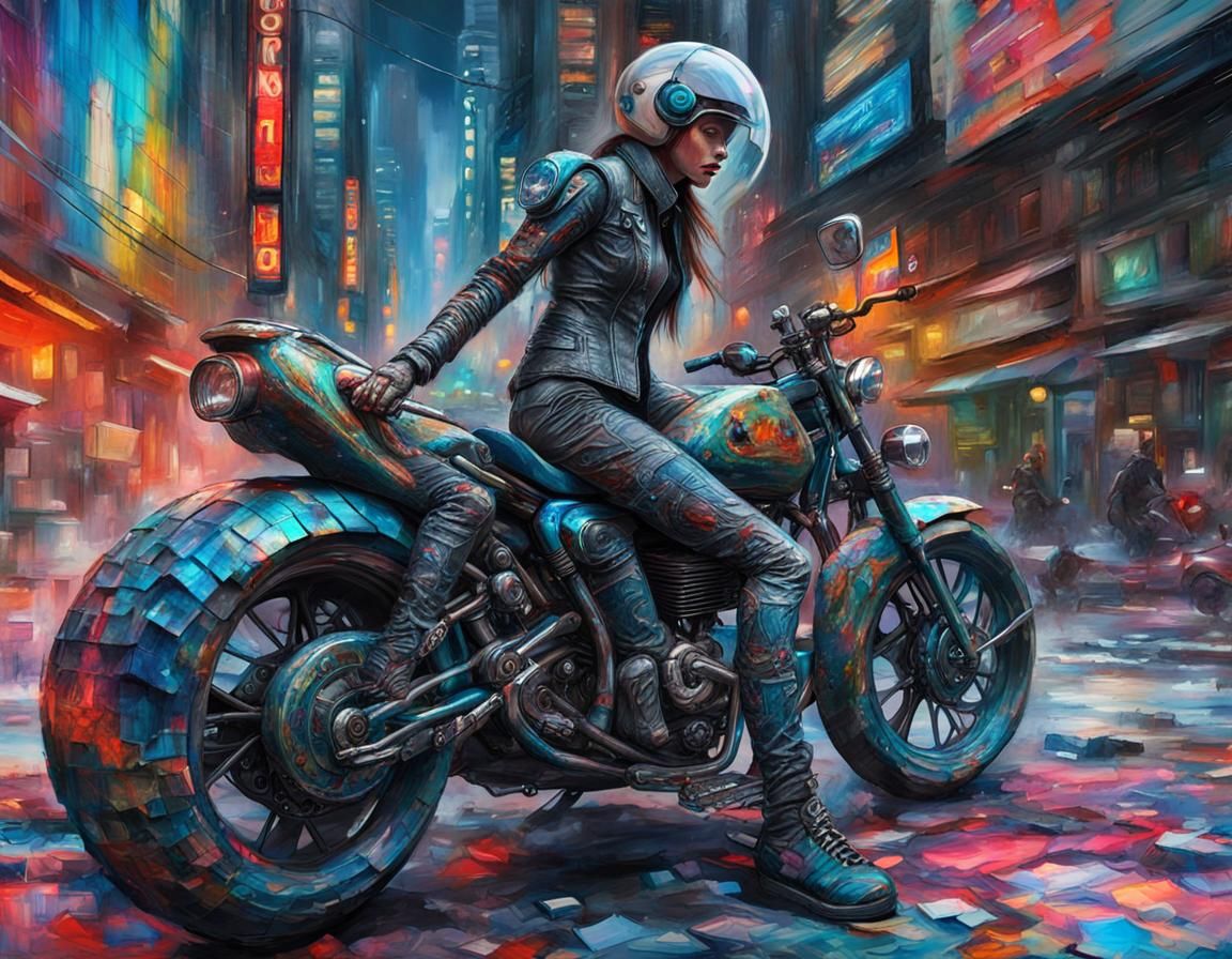 Cyberpunk Paper Mache Woman on Motorcycle