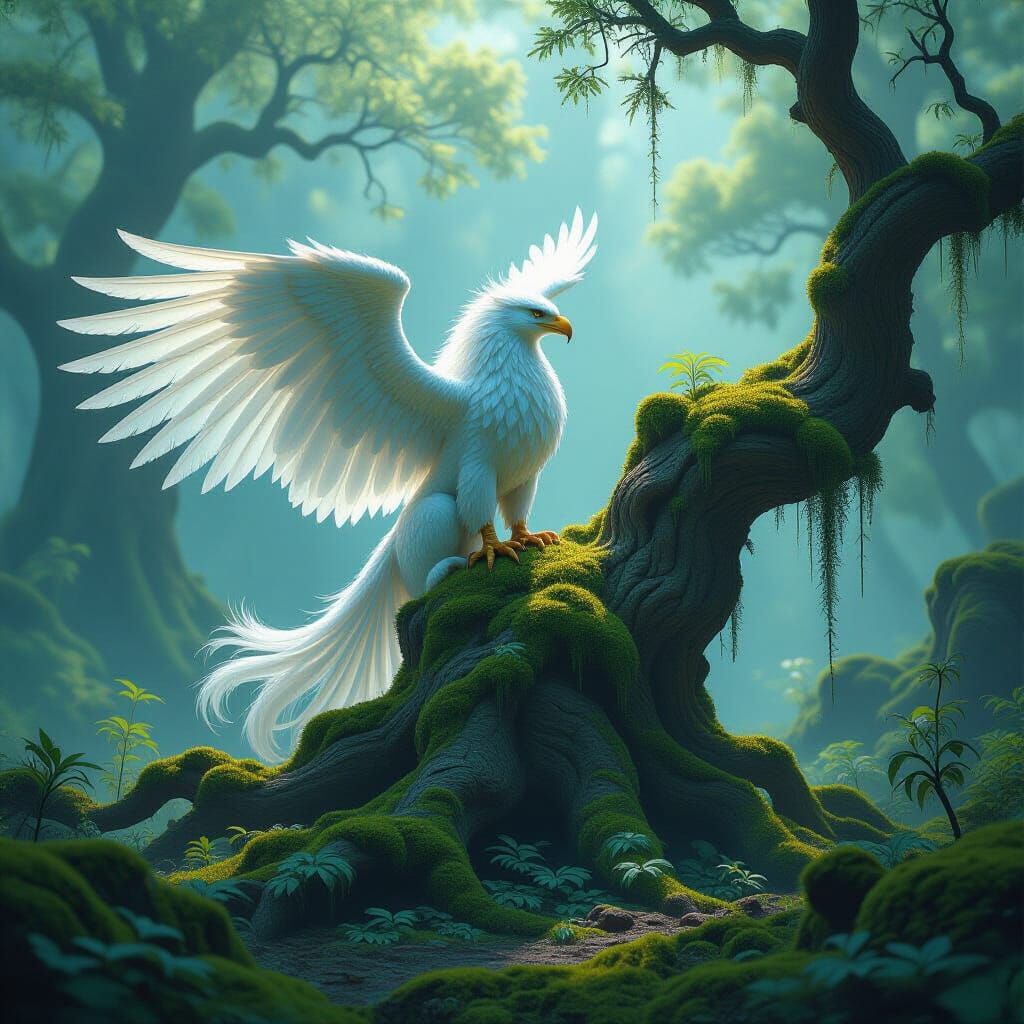 Griffin in Misty Forest, Detailed Matte Painting