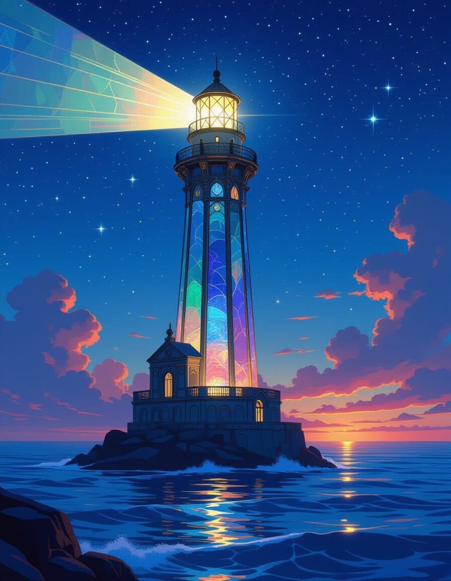 Cosmic Lighthouse Guiding Ships Through Starlit Ocean