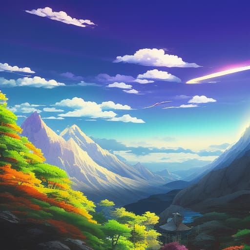 Anime Samurai Stands Before Mountain Sky