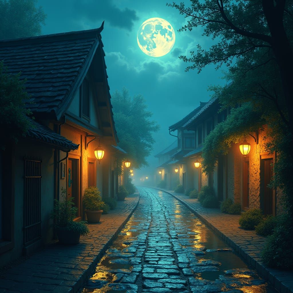 Moonlit Village Street in Mystical Realism Style